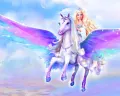 Princezna Barbie s korunkou jede na bílém okřídleném pegasovi v pastelových růžových a tyrkysových barvách, jedlý obrázek na dort
