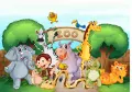 Jedlý obrázek na dort se safari scénou: slon, žirafa, zebra, hroch a tygr u zoo branky mezi zelení, jedlý obrázek na dort