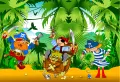 Tři kreslení piráti u otevřené truhly s zlatem v zelené džungli, jedlý obrázek na hranatý dort