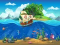 Pirátská loď s černými plachtami a lebkami plující u zeleného ostrova, pod ní rybky, mořský koník a krab; jedlý obrázek na dort.
