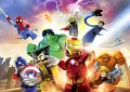 Lego figurky superhrdinů Avengers, Iron Man, Hulk, Kapitán Amerika a Spider-Man v barevné scéně, jedlý obrázek na dort