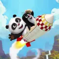 Krteček a medvídek panda v bílé raketě s červeno-žlutým pruhováním na modré obloze s mraky, jedlý obrázek na dort