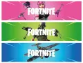 Jedlý obrázek na dort s třemi barevnými pásy z Fortnite: hrdinka s kytarou, voják s vrtulníkem a bojové letadlo