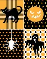 Halloweenský jedlý obrázek se čtyřmi poli: černá kočka, vyřezaná dýně, bílý pavouk a duch na oranžovém pozadí, jedlý obrázek na dort