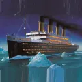 Parník Titanic s osvětlenými okny plující v noci mezi ledovci, jedlý obrázek na dort