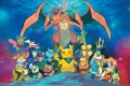 Pikachu se šátkem a Charizard s křídly na nočním pozadí mezi dalšími Pokémony, jedlý obrázek na dort