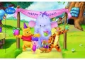 Medvídek Pú, sloník Fufík a Tygřík slaví narozeniny na zelené louce pod růžovým nápisem Happy Birthday, jedlý obrázek na dort