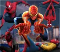 Spiderman v červeno-modrém obleku v akční pózách nad nočním velkoměstem, jedlý obrázek na dort