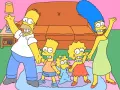 Rodina Simpsonových stojí před hnědým gaučem a mává, žluté postavičky v kresleném stylu, jedlý obrázek na dort