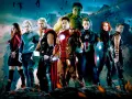 Tým Avengers v bojové scéně s Iron Manem, Thorem a Captainem Americou, jedlý obrázek na dort v barvách modré a červené
