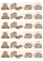 Kočka Pusheen v různých vtipných scénkách v pastelových barvách na světlém podkladu, jedlý obrázek na dort