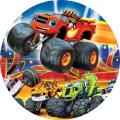 Červený monster truck Blaze skáče v aréně vedle zeleného Zega a oranžového tygra Stripese, jedlý obrázek na dort