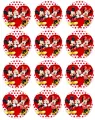 Kolečka s Mickeym podávajícím kytici Minnie v červených šatech s puntíky na červeném srdci, jedlý obrázek na muffiny