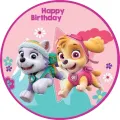 Kulatý jedlý obrázek na dort s Skye v růžovém a Everest v zimní výbavě z Tlapkové patroly, pastelové pozadí, nápis Happy Birthday