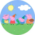 Kulatý jedlý obrázek s prasátkem Peppou, Georgem, rodiči a dortem na zelené louce pod modrou oblohou, jedlý obrázek na dort