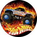 Kulatý jedlý obrázek s modrým monster truckem skákajícím přes oranžové plameny na černém pozadí, dole logo Hot Wheels, jedlý obrázek na dort