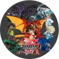 Kulatý jedlý obrázek Bakugan s hrdinou Danem Kouzem a ohnivým drakem Dragonoidem na tmavém pozadí, jedlý obrázek na dort