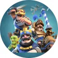 Kulatý jedlý obrázek s postavami z Clash Royale: zlatý král, rytíř, jezdec, goblin a kostlivec na modrém pozadí, jedlý obrázek na dort