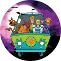 Scooby Doo a parta detektivů v zelené dodávce pod úplňkem s netopýry, jedlý obrázek na dort