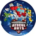 Kulatý jedlý obrázek s týmem Rescue Bots z Transformers v modré krystalové jeskyni, červený hasič, žlutý a zelený robot, jedlý obrázek na do