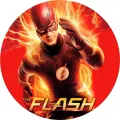 Superhrdina Flash v běhu mezi červenými a zlatými blesky s nápisem, jedlý obrázek na dort