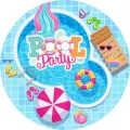 Kulatý jedlý obrázek s tyrkysovým bazénem, plovacími kruhy, skluzavkou a nápisem Pool Party, jedlý obrázek na dort