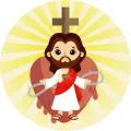 Kreslený Ježíš v bílém rouchu s červeným pláštěm, zlatými paprsky a srdcem s trnovou korunou, jedlý obrázek na dort