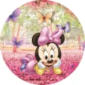 Minnie Mouse ležící na louce s růžovými květy a barevnými motýlky, jedlý obrázek na dort