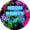 Kulatý jedlý obrázek na dort Neon Party s tmavým pozadím, růžovými a tyrkysovými stříkanci a svítícími hvězdičkami, jedlý obrázek na dort
