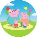 Kulatý jedlý obrázek s rodinkou prasátek Peppa, George, maminky a tatínka na zelené louce s balonky, jedlý obrázek na dort