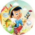 Pinocchio ve žlutém klobouku a cvrček s deštníkem u barevných domečků a srdíček, jedlý obrázek na dort