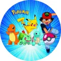 Kulatý jedlý obrázek na dort s Ashem, Pikachuem, Charmanderem, Bulbasaurem a Squirtlem na modrém pozadí s paprsky, jedlý obrázek na dort
