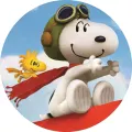 Snoopy v letecké přilbě a brýlích s Woodstockem na modré obloze, jedlý obrázek na dort