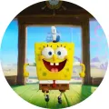 Kuchař SpongeBob v kuchařské čepici a kravatě v dřevěném bistru s mořským pozadím, kulatý jedlý obrázek na dort