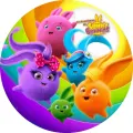 Kulatý jedlý obrázek s postavičkami králíčků Sunny Bunnies v barvách duhy, jedlý obrázek na dort