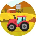 Červený traktor s velkými koly na žluté louce u vodárenské věže, pod jasným nebem, jedlý obrázek na dort