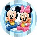 Kulatý jedlý obrázek s miminky Mickey a Minnie v modrém a růžovém dupačkovém oblečku na proužkovém pozadí, jedlý obrázek na dort