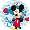 Kreslený Mickey Mouse v červených kraťasech a žlutých botách na modrém pozadí s bublinami, jedlý obrázek na dort