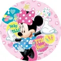 Kulatý jedlý obrázek s myškou Minnie v modrých puntíkovaných šatech, růžovou mašlí a makronkami, jedlý obrázek na dort