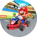 Mario na motokáře mává z trati s Luigim a Bowserem v pozadí, jedlý obrázek na dort