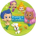 Kulatý jedlý obrázek na dort s postavami Bubble Guppies na zeleném pozadí, včetně pejska Bubble Puppyho a zlaté rybičky