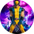 Wolverine z Fortnite s vysunutými drápy, žlutomodrým kostýmem a fialovými blesky v pozadí, jedlý obrázek na dort