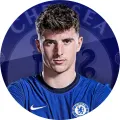 Kulatý jedlý obrázek s fotbalistou Masonem Mountem v modrém dresu Chelsea a klubovým znakem na pozadí, obrázek na dort