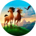 Kůň Spirit s orlem nad horami při západu slunce, kulatý jedlý obrázek na dort s modrou oblohou a zelenou loukou