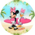 Myška Minnie a kačenka Daisy na pláži se růžovým surfem, tyrkysová obloha a palmy, jedlý obrázek na dort