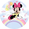 Kulatý jedlý obrázek s Minnie v žluté sukni s puntíky a růžovou mašlí, sedící na pastelové duze mezi balónky, jedlý obrázek na dort