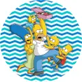 Simpsonovi, Homer drží krabici donutů, kolem Marge, Bart, Lisa a Maggie, modré a tyrkysové vlnky, jedlý obrázek na dort