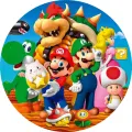Kulatý jedlý obrázek s postavami Mario, Luigi, Yoshi, Peach a Bowser na modré obloze, určený na dort