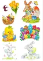 Jedlý obrázek na dort s veselými zajíčky malujícími kraslice, žlutými kuřátky, košíkem mazanců a nápisem Happy Easter