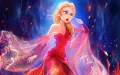 Princezna z Frozen v plamenně červených šatech s blond copem na pozadí plamenů a tmavě modrých stínů, jedlý obrázek na dort